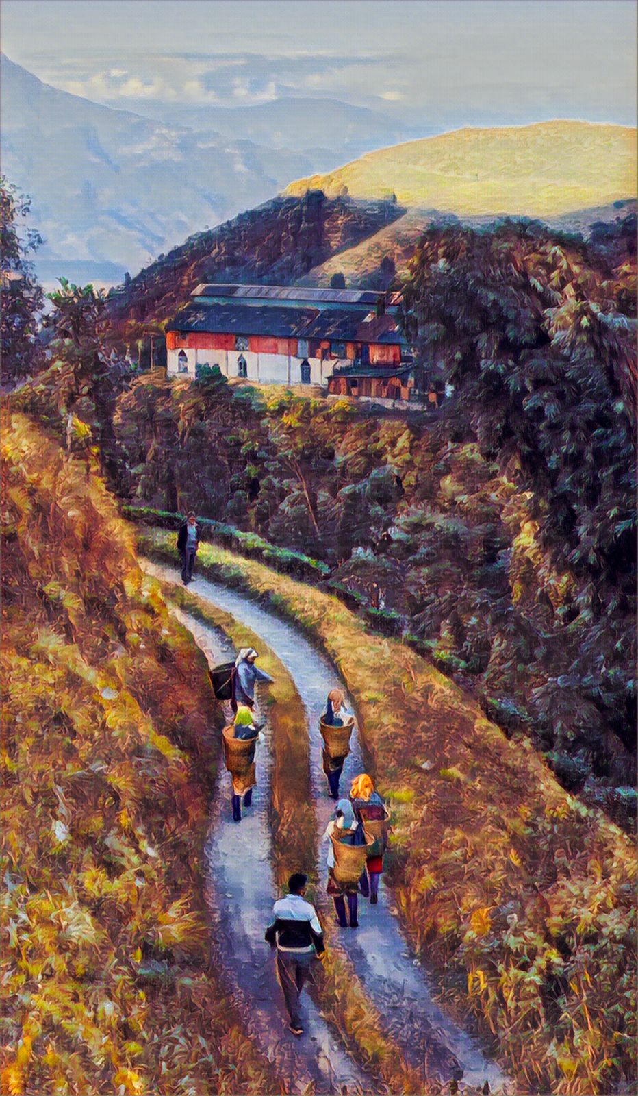 Women with Baskets on their back walking down a winding mountain path with hills in the background