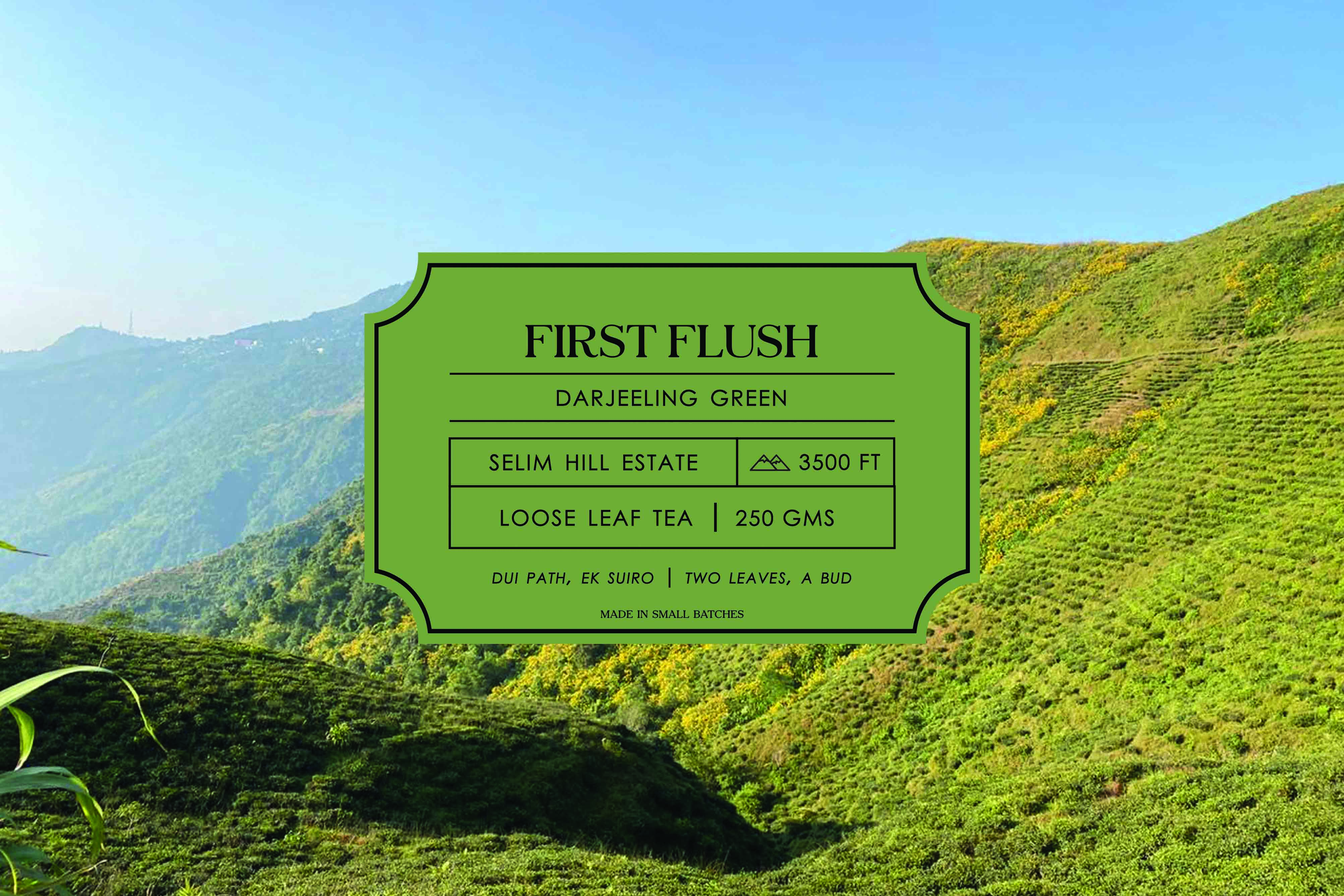 A label of Dorje First Flush Green Tea in a background of tea bushe